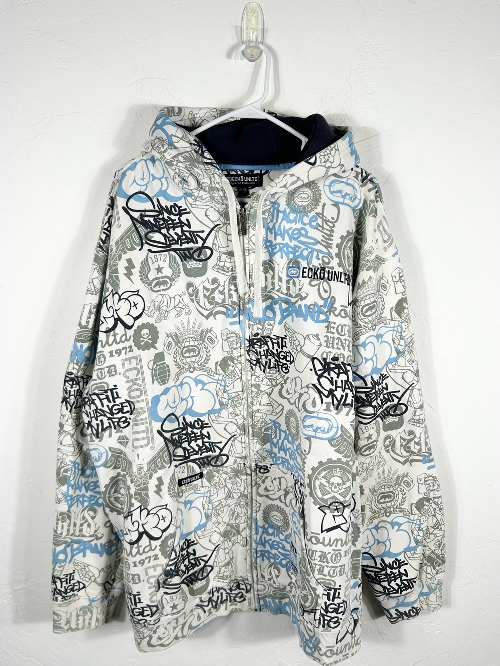 👁️ VTG Ecko Unltd Graffiti All Over Print Full Zip Hoodie White Blue XXL Y2K